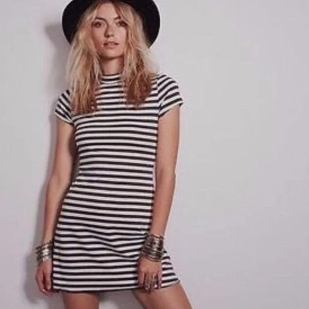 Free People FP Beach Gray White Mock Neck Striped Short Sleeve Mini Dress XS